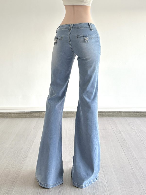 Light Blue Pocket Low-Waist Washed Denim Pants for Women - Versatile Slim Fit Slightly Flared Long Trousers, Y2K Style
