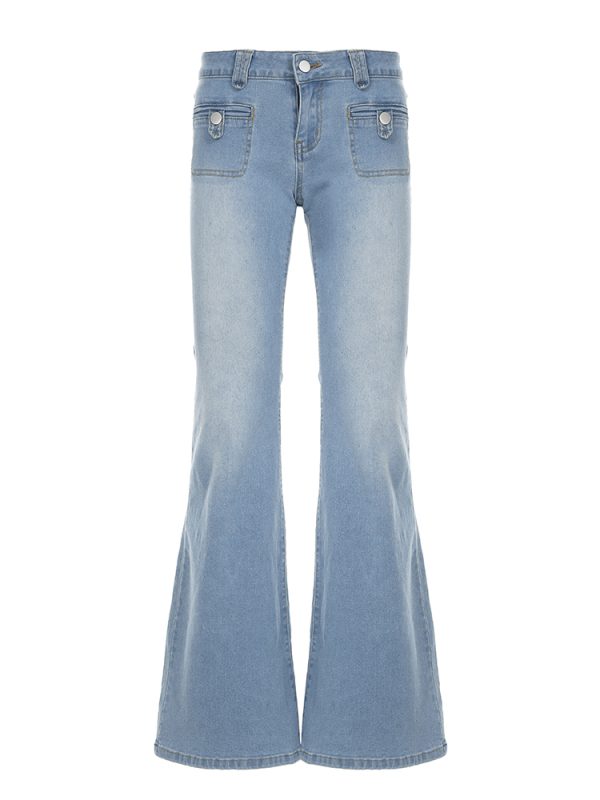 Light Blue Pocket Low-Waist Washed Denim Pants for Women - Versatile Slim Fit Slightly Flared Long Trousers, Y2K Style