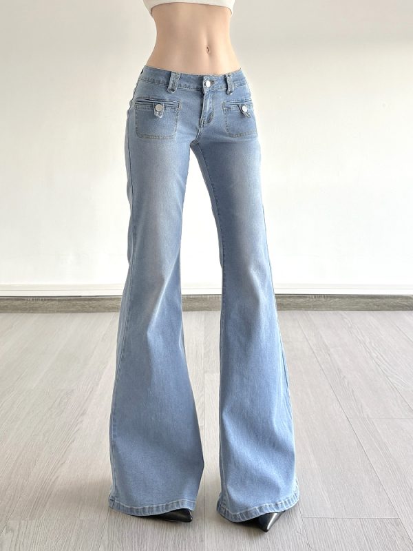 Light Blue Pocket Low-Waist Washed Denim Pants for Women - Versatile Slim Fit Slightly Flared Long Trousers, Y2K Style