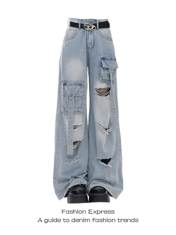 Light Blue Ripped Cargo Jeans for Women - High Street Multi-Pocket Loose Wide-Leg Pants, Autumn Winter Fashion 90s Style