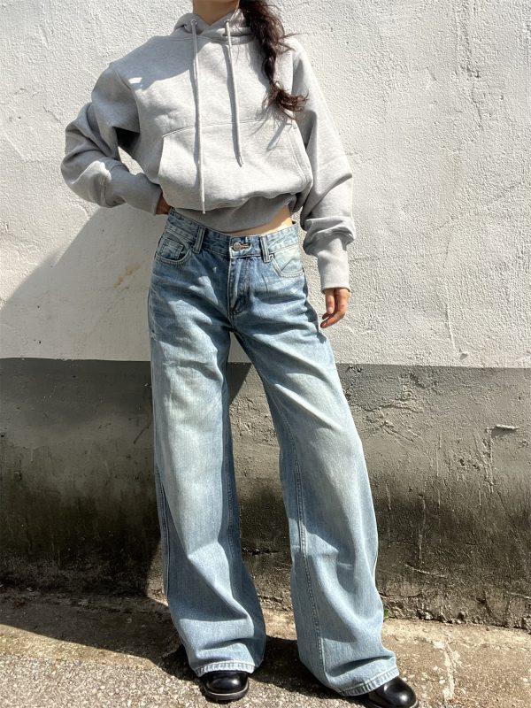 Light Blue Washed Straight Leg Jeans for Women | Personalized Side Tie-Dye Vintage Style | 2025 Fashion Trend