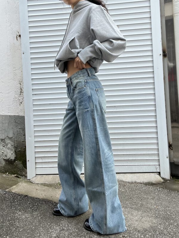 Light Blue Washed Straight Leg Jeans for Women | Personalized Side Tie-Dye Vintage Style | 2025 Fashion Trend