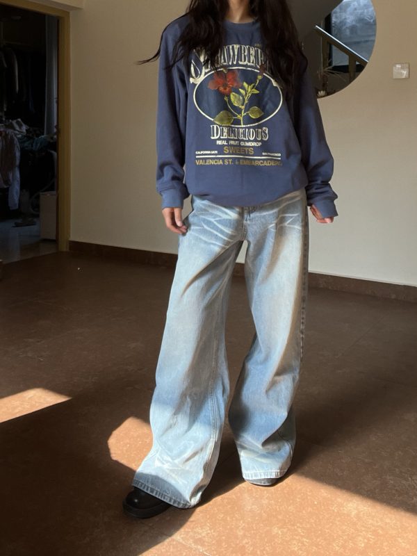 Light Blue Wide-Leg Denim Pants for Women - Vintage Textured Draped Loose Straight Style, Perfect for 90s and Y2K Fashion