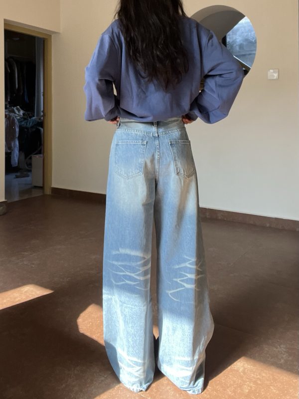 Light Blue Wide-Leg Denim Pants for Women - Vintage Textured Draped Loose Straight Style, Perfect for 90s and Y2K Fashion