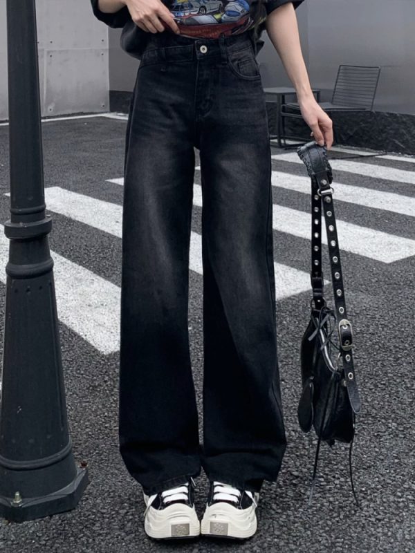 Light Color Straight Leg Jeans for Women - Summer Mid-Waist Slim Fit Wide Leg Trousers, Flowy Floor-Length Style