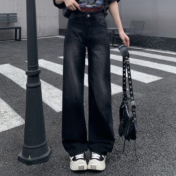 Light Color Straight Leg Jeans for Women - Summer Mid-Waist Slim Fit Wide Leg Trousers, Flowy Floor-Length Style
