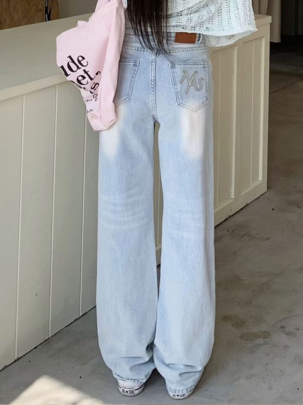 Light Color Straight Leg Jeans for Women - Summer Mid-Waist Slim Fit Wide Leg Trousers, Flowy Floor-Length Style