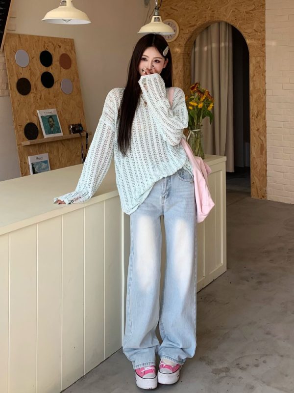 Light Color Straight Leg Jeans for Women - Summer Mid-Waist Slim Fit Wide Leg Trousers, Flowy Floor-Length Style