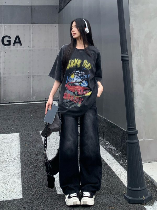 Light Color Straight Leg Jeans for Women - Summer Mid-Waist Slim Fit Wide Leg Trousers, Flowy Floor-Length Style
