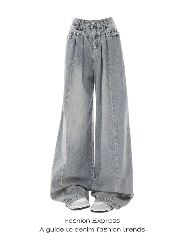 Light-Colored Retro Pleated Wide-Leg Jeans for Women - High-Waisted Loose Draped Floor-Length Pants for Autumn/Winter 2025
