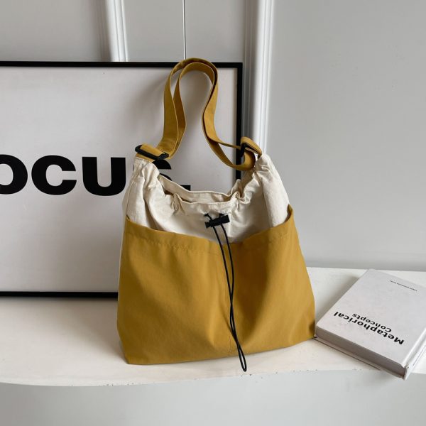 Lightweight Canvas Drawstring Bucket Bag for Women, Large Capacity, Artistic Japanese Style Crossbody Shoulder Bag