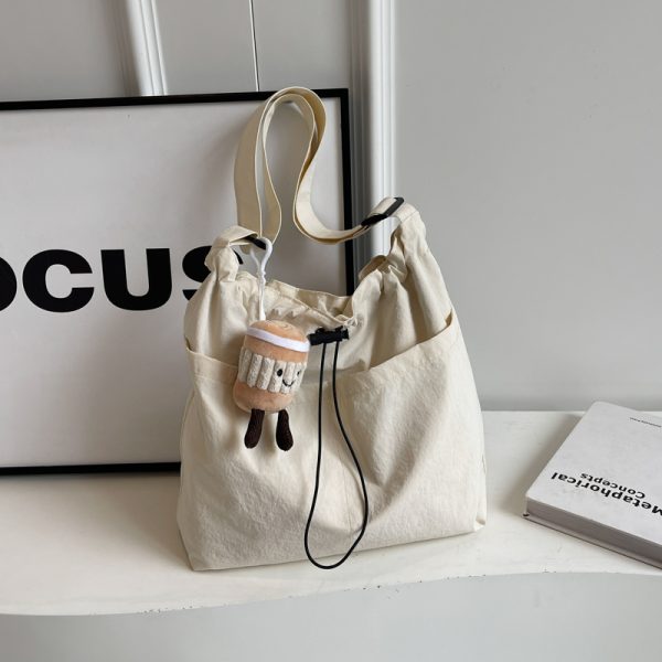 Lightweight Canvas Drawstring Bucket Bag for Women, Large Capacity, Artistic Japanese Style Crossbody Shoulder Bag