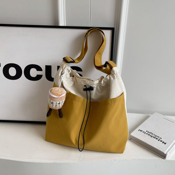 Lightweight Canvas Drawstring Bucket Bag for Women, Large Capacity, Artistic Japanese Style Crossbody Shoulder Bag