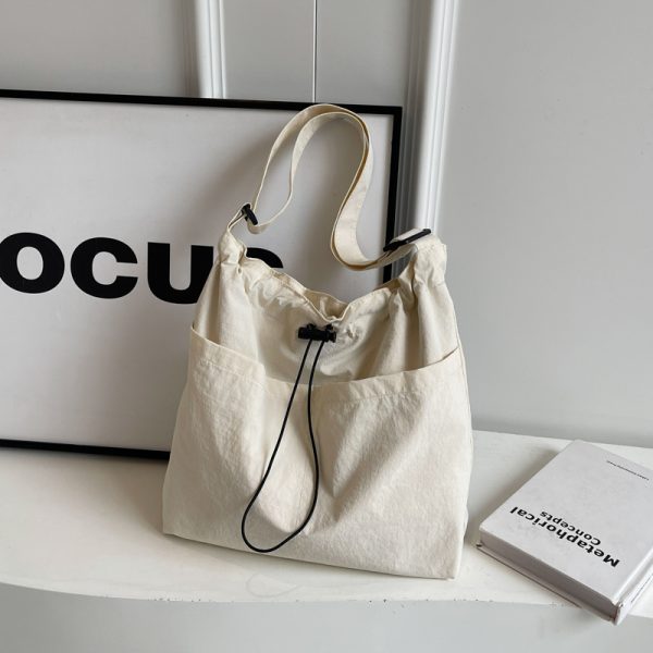 Lightweight Canvas Drawstring Bucket Bag for Women, Large Capacity, Artistic Japanese Style Crossbody Shoulder Bag