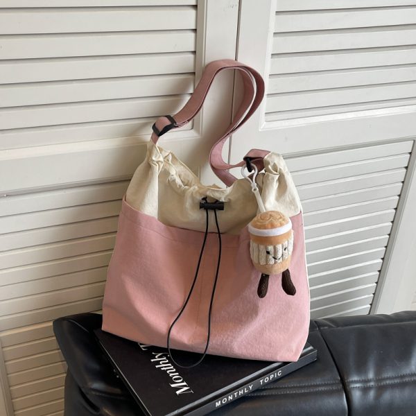 Lightweight Canvas Drawstring Bucket Bag for Women, Large Capacity, Artistic Japanese Style Crossbody Shoulder Bag