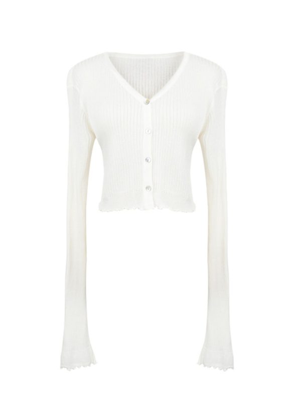 Lightweight Handmade Spring Summer Sun Protection Shirt, Vintage V-Neck Flared Sleeve Slimming Knit Top for Women