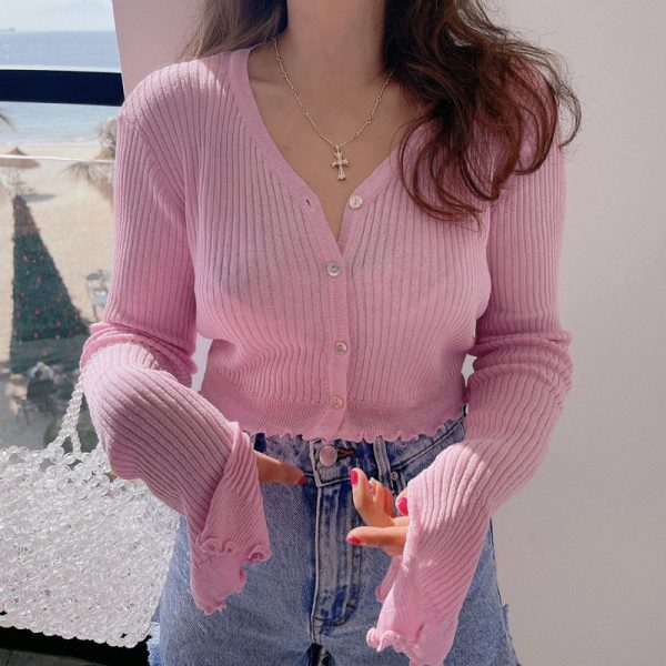 Lightweight Handmade Spring Summer Sun Protection Shirt, Vintage V-Neck Flared Sleeve Slimming Knit Top for Women