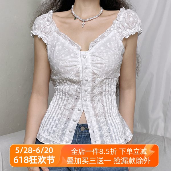 Lightweight Ruffled Chiffon Short-Sleeve Women's T-Shirt - Two-Way Wear, Breathable, Hollow-Out, Pleated, Slimming Style