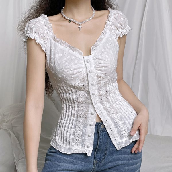 Lightweight Ruffled Chiffon Short-Sleeve Women's T-Shirt - Two-Way Wear, Breathable, Hollow-Out, Pleated, Slimming Style