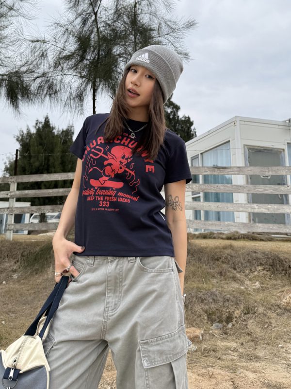 Little Devil Printed Slim Fit Short Sleeve T-Shirt for Women - Trendy Summer Top, Casual Daily Wear, Y2K Style
