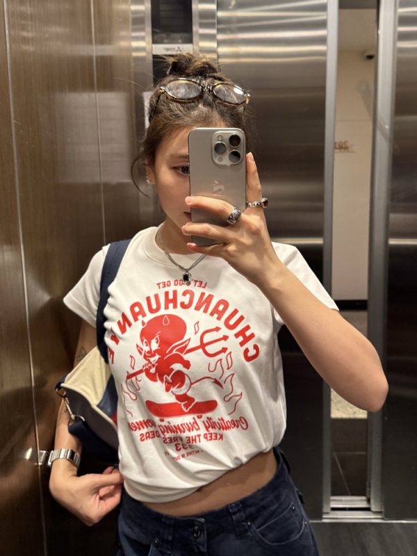 Little Devil Printed Slim Fit Short Sleeve T-Shirt for Women - Trendy Summer Top, Casual Daily Wear, Y2K Style