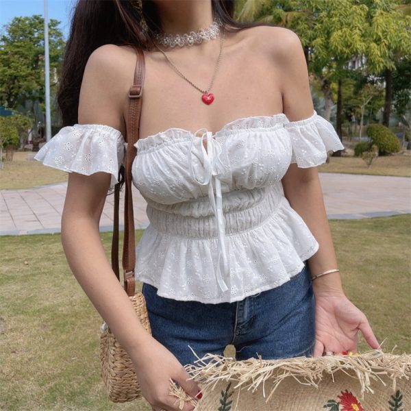 Little White Shirt 100% Cotton One-Shoulder Flowy Sleeve Tied Vacation Blouse Strapless Top - Perfect for Summer and Y2K Style