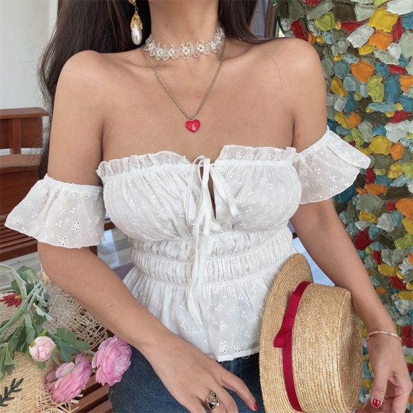 Little White Shirt 100% Cotton One-Shoulder Flowy Sleeve Tied Vacation Blouse Strapless Top - Perfect for Summer and Y2K Style