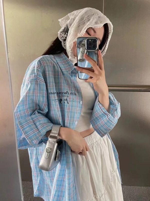 Loose 3D Bow Checkered Shirt for Women - Chinese-style American Spring Top 2025 with Sun Protection
