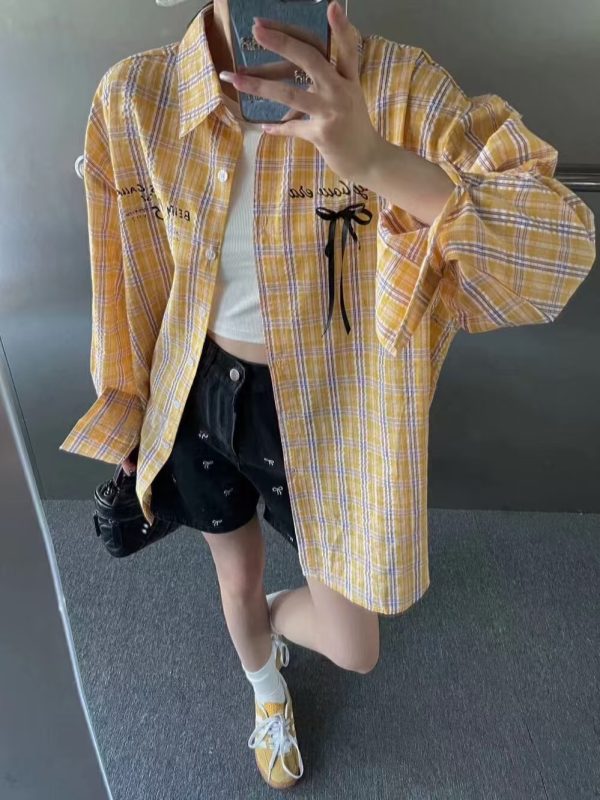 Loose 3D Bow Checkered Shirt for Women - Chinese-style American Spring Top 2025 with Sun Protection