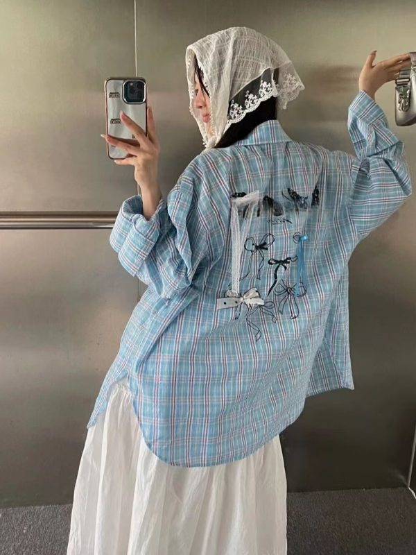 Loose 3D Bow Checkered Shirt for Women - Chinese-style American Spring Top 2025 with Sun Protection
