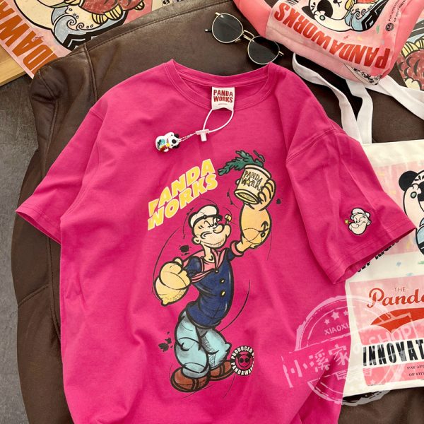 Loose Cartoon Popeye Graphic T-Shirt in Pure Cotton - Casual Short Sleeve Top for Y2K Style Lovers