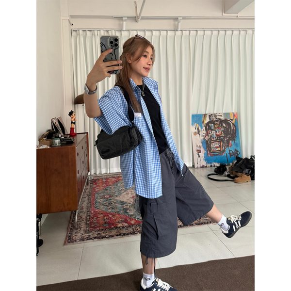 Loose Fit American Retro Plaid Long Sleeve Polo Shirt for Unisex - Trendy Early Spring Outerwear in 90s Style