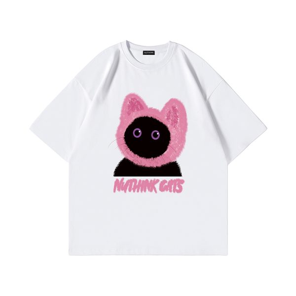Loose Fit Unisex Cartoon Cat T-Shirt for Couples - Cute Summer Short Sleeve Top, Plus Size, Trendy Korean Style Fashion