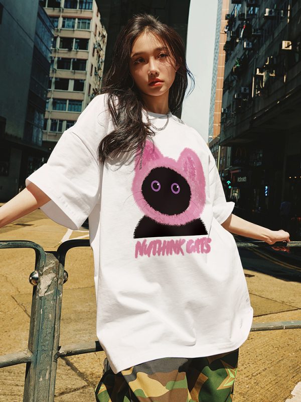 Loose Fit Unisex Cartoon Cat T-Shirt for Couples - Cute Summer Short Sleeve Top, Plus Size, Trendy Korean Style Fashion