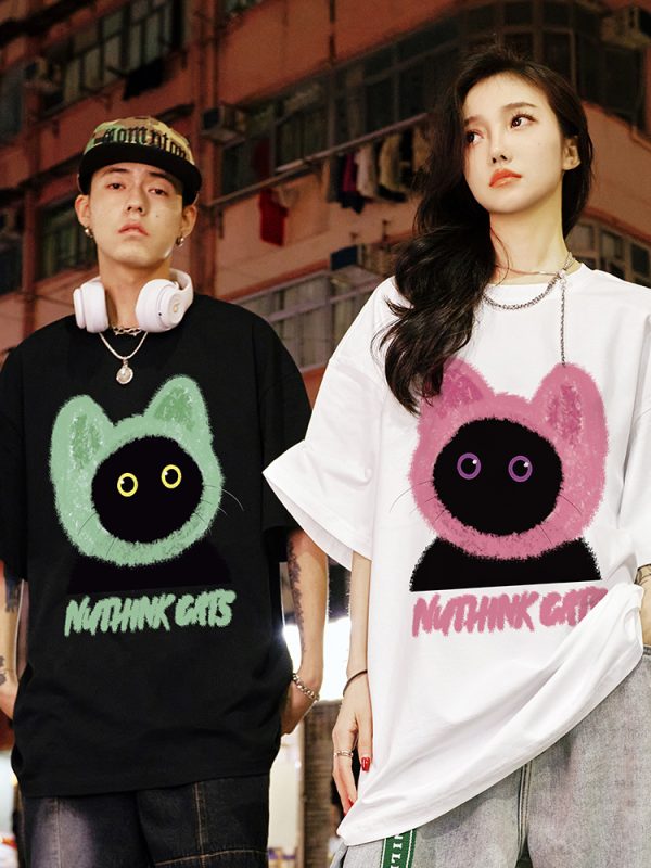 Loose Fit Unisex Cartoon Cat T-Shirt for Couples - Cute Summer Short Sleeve Top, Plus Size, Trendy Korean Style Fashion