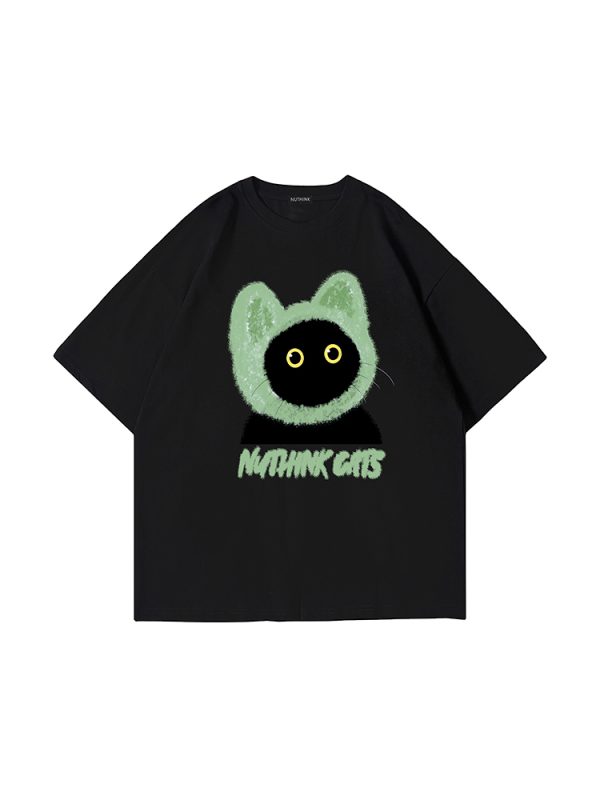 Loose Fit Unisex Cartoon Cat T-Shirt for Couples - Cute Summer Short Sleeve Top, Plus Size, Trendy Korean Style Fashion