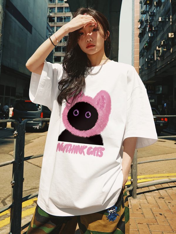 Loose Fit Unisex Cartoon Cat T-Shirt for Couples - Cute Summer Short Sleeve Top, Plus Size, Trendy Korean Style Fashion