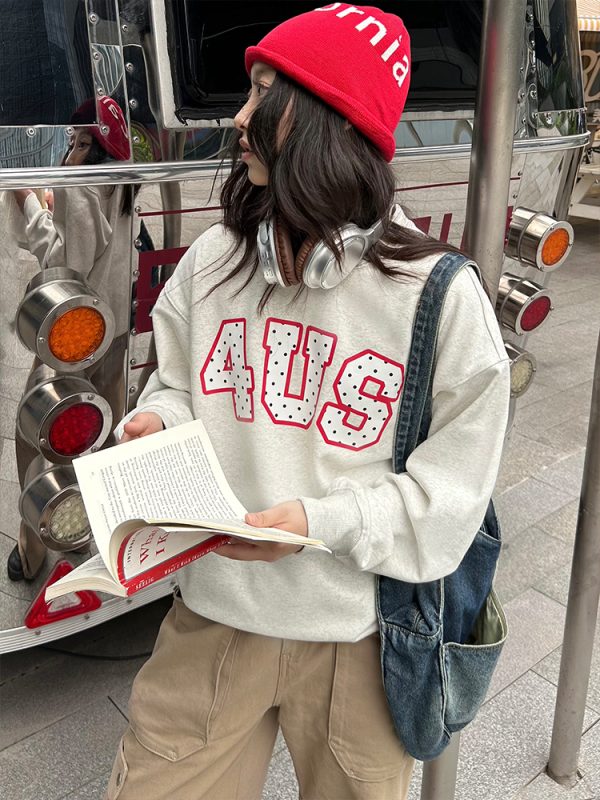 Loose Round Neck Polka Dot Print Pullover Sweatshirt - Spring Autumn Couple Style, National Trend, Casual Fashion Top