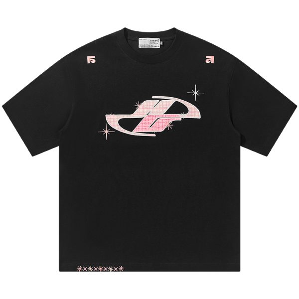 Loose Round Neck Short Sleeve T-Shirt with Patch Star Embroidery in Little Chanel Style for Men and Women, Y2K Fashion