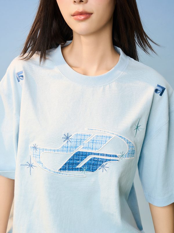 Loose Round Neck Short Sleeve T-Shirt with Patch Star Embroidery in Little Chanel Style for Men and Women, Y2K Fashion
