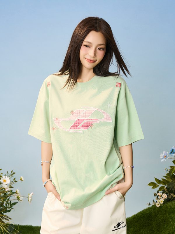 Loose Round Neck Short Sleeve T-Shirt with Patch Star Embroidery in Little Chanel Style for Men and Women, Y2K Fashion