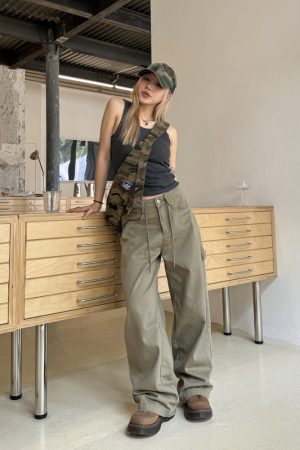 Loose Straight Leg Embroidered Waist Belt Rope Work Pants for Men and Women - Retro Street Style Wide Leg Trousers