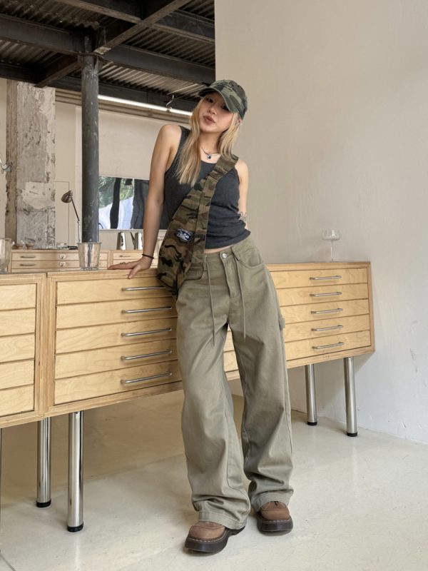 Loose Straight Leg Embroidered Waist Belt Rope Work Pants for Men and Women - Retro Street Style Wide Leg Trousers