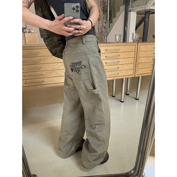 Loose Straight Leg Embroidered Waist Belt Rope Work Pants for Men and Women - Retro Street Style Wide Leg Trousers
