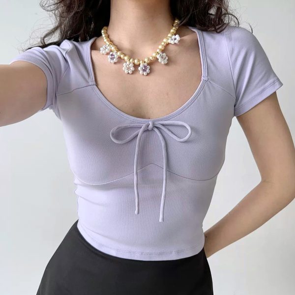 Low-Cut Round Neck Short Sleeve Fitted Ballet Style Cropped T-Shirt for Women - European American Summer Fashion