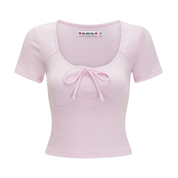 Low-Cut Round Neck Short Sleeve Fitted Ballet Style Cropped T-Shirt for Women - European American Summer Fashion