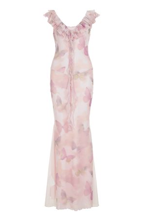 Low-Neck Fitted Butterfly Long Dress with Mesh Splicing for Women - Vacation Style Floral Dress, Y2K Inspired