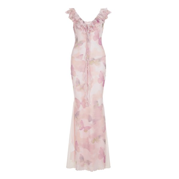 Low-Neck Fitted Butterfly Long Dress with Mesh Splicing for Women - Vacation Style Floral Dress, Y2K Inspired