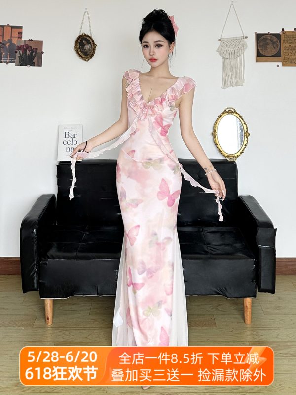Low-Neck Fitted Butterfly Long Dress with Mesh Splicing for Women - Vacation Style Floral Dress, Y2K Inspired