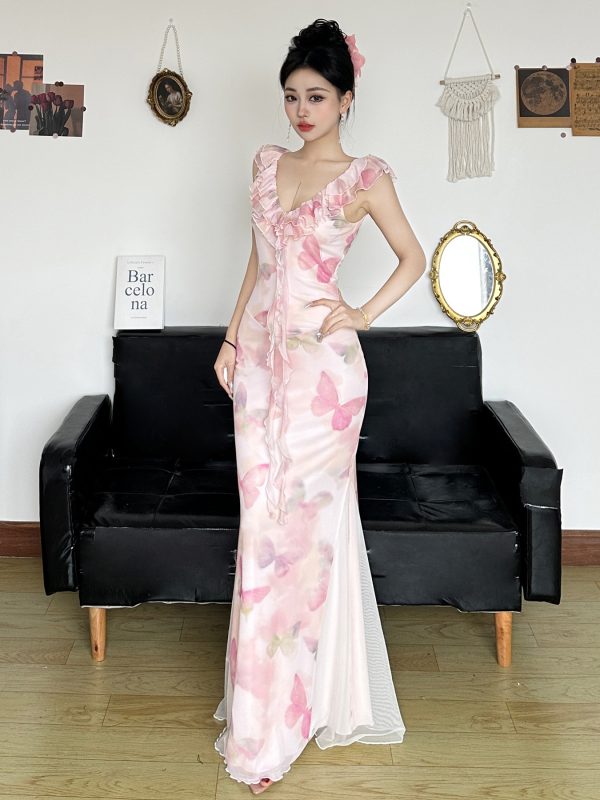 Low-Neck Fitted Butterfly Long Dress with Mesh Splicing for Women - Vacation Style Floral Dress, Y2K Inspired